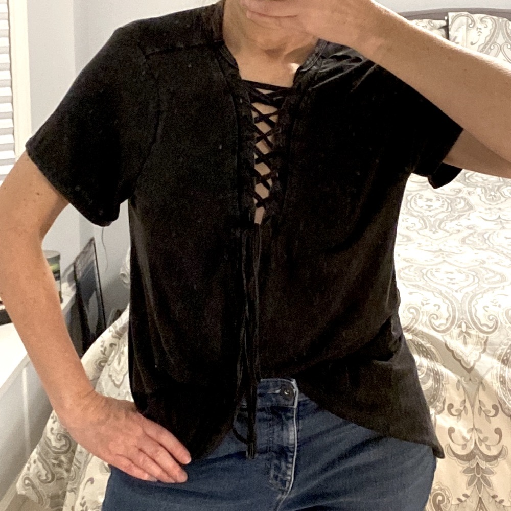 Boutique Lace Up Tie Front Stonewashed Full Cut Top